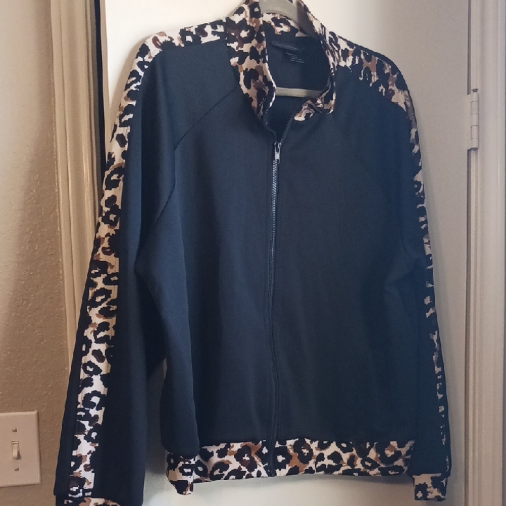 Ashley Stewart Black Bomber Jacket with Leopard Accents